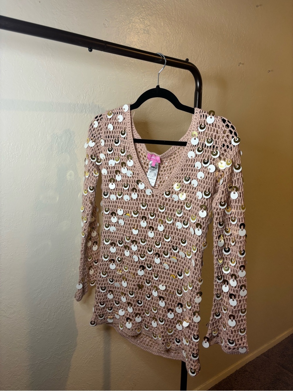 Pink Sequin Crochet V-Neck Sweater